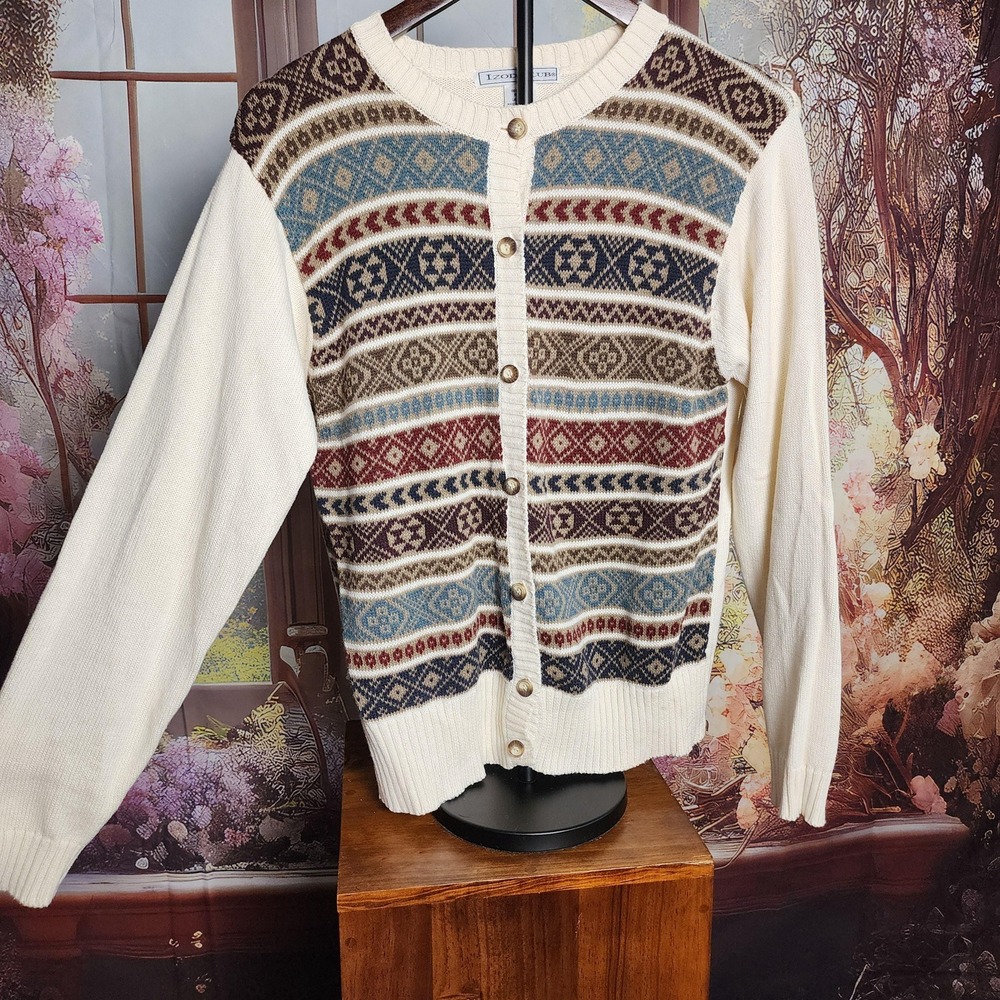 Izod Club Vintage Womens Medium Cardigan Sweater‎ Earth Tone Striped Button Up
